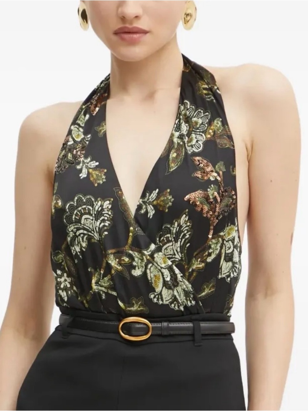 Marciano by Guess Black Guilded Floral Sequin Halter Bodysuit